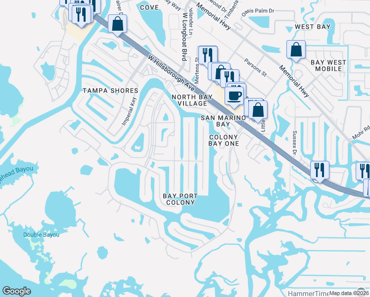 map of restaurants, bars, coffee shops, grocery stores, and more near 6108 Schooner Way in Tampa