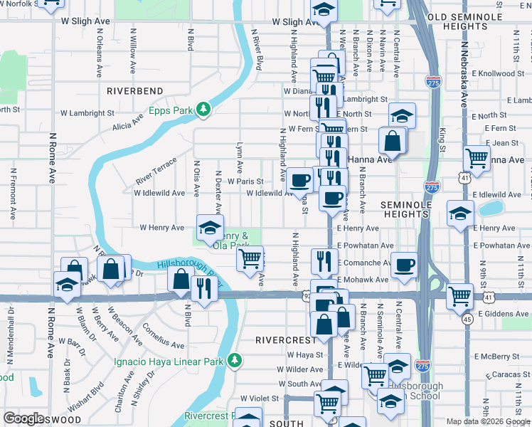 map of restaurants, bars, coffee shops, grocery stores, and more near 5908 North Ola Avenue in Tampa