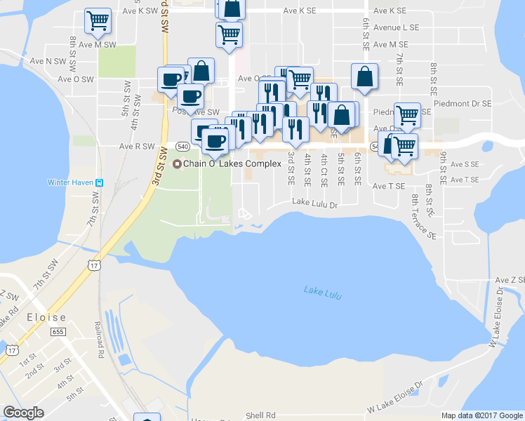 map of restaurants, bars, coffee shops, grocery stores, and more near 260 Lake Lulu Drive in Winter Haven