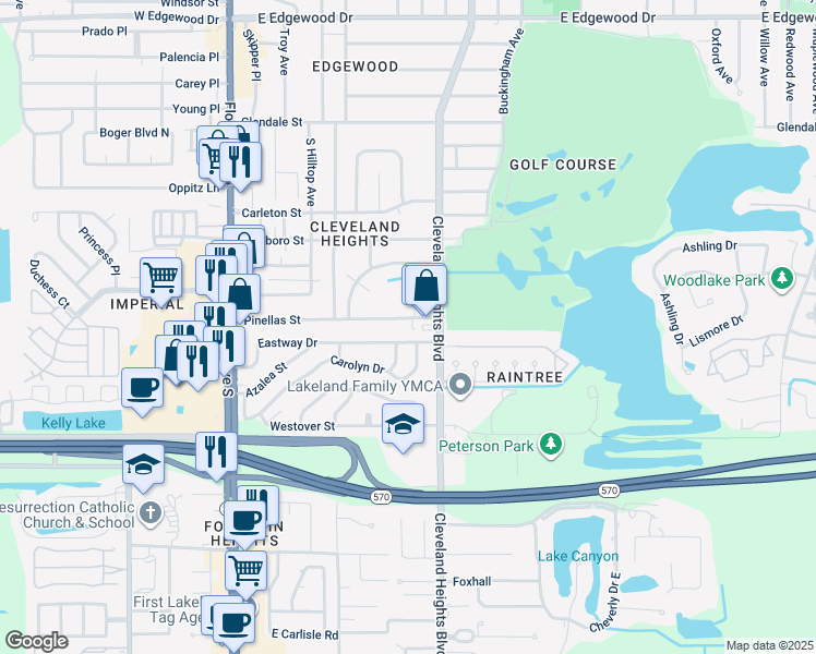 map of restaurants, bars, coffee shops, grocery stores, and more near 619 Robin Road in Lakeland