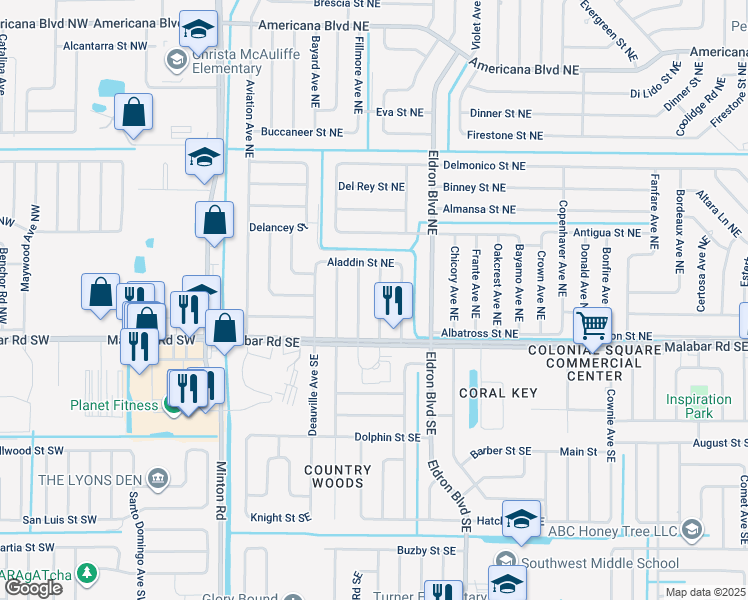 map of restaurants, bars, coffee shops, grocery stores, and more near 154 Browning Ave NE in Palm Bay