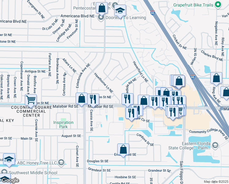 map of restaurants, bars, coffee shops, grocery stores, and more near 149 Hawthorne Lane Northeast in Palm Bay
