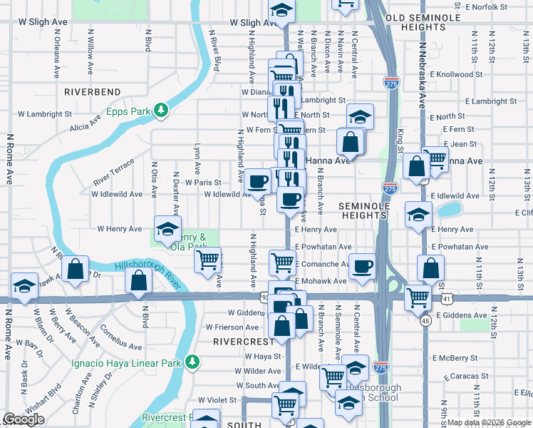 map of restaurants, bars, coffee shops, grocery stores, and more near 5906 North Tampa Street in Tampa