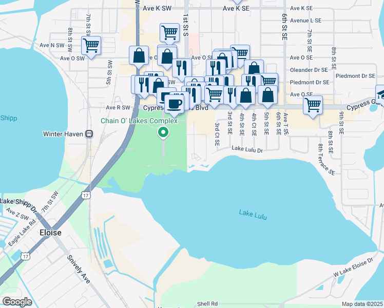 map of restaurants, bars, coffee shops, grocery stores, and more near 2010 San Marcos Drive Southeast in Winter Haven