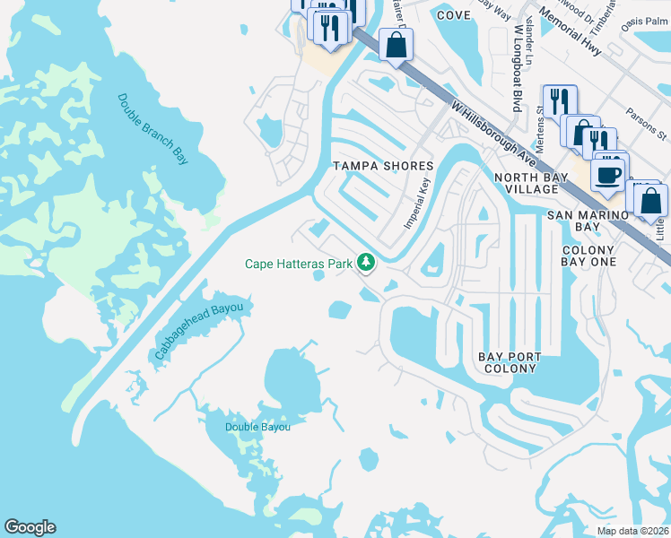 map of restaurants, bars, coffee shops, grocery stores, and more near 5806 Cay Cove Court in Tampa