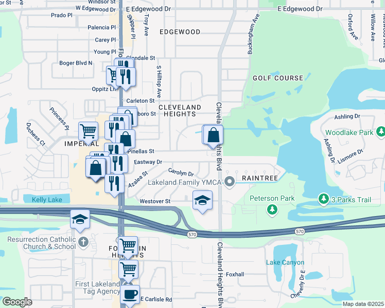 map of restaurants, bars, coffee shops, grocery stores, and more near 613 Robin Road in Lakeland
