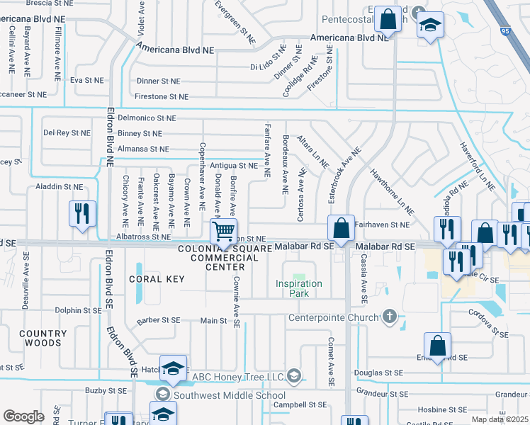 map of restaurants, bars, coffee shops, grocery stores, and more near 638 Concord Street Northeast in Palm Bay