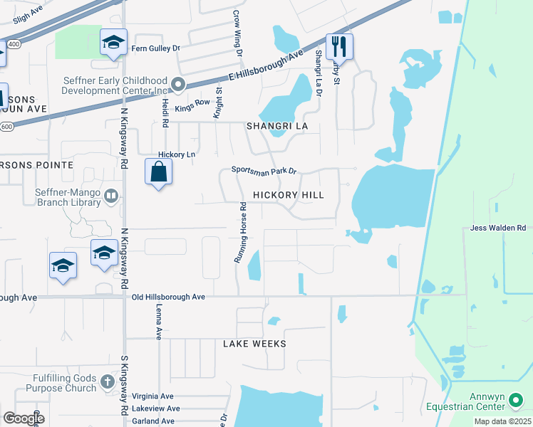 map of restaurants, bars, coffee shops, grocery stores, and more near 407 Laurel Park Place in Seffner