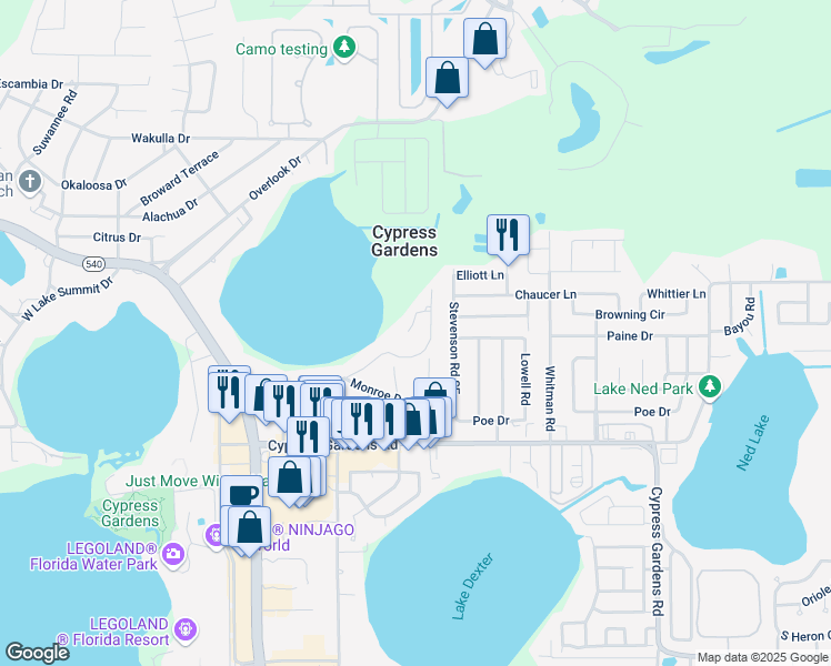 map of restaurants, bars, coffee shops, grocery stores, and more near 805 Pointe Ct in Winter Haven