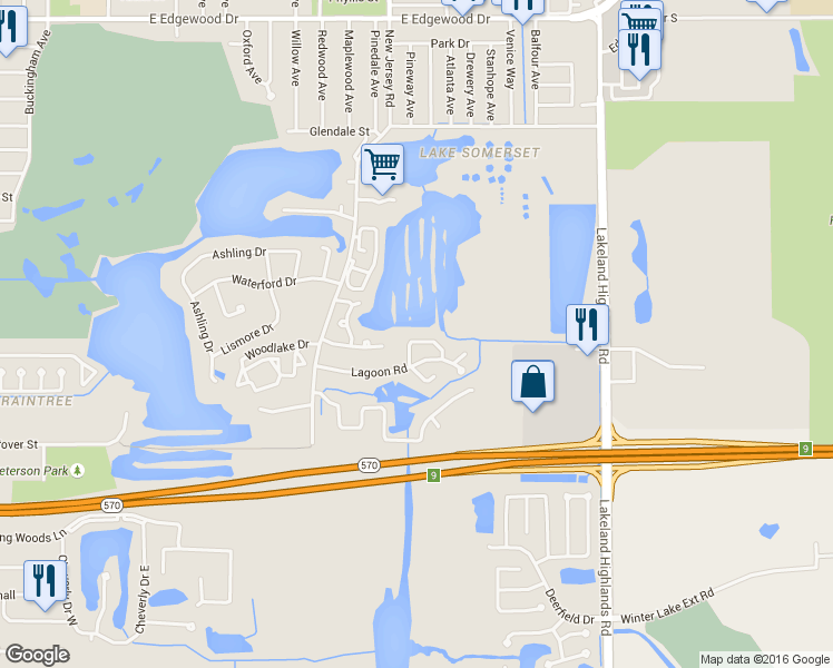 map of restaurants, bars, coffee shops, grocery stores, and more near 1650 Bayou Circle in Lakeland