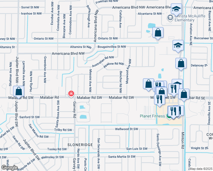 map of restaurants, bars, coffee shops, grocery stores, and more near 471 Mercer Street Northwest in Palm Bay