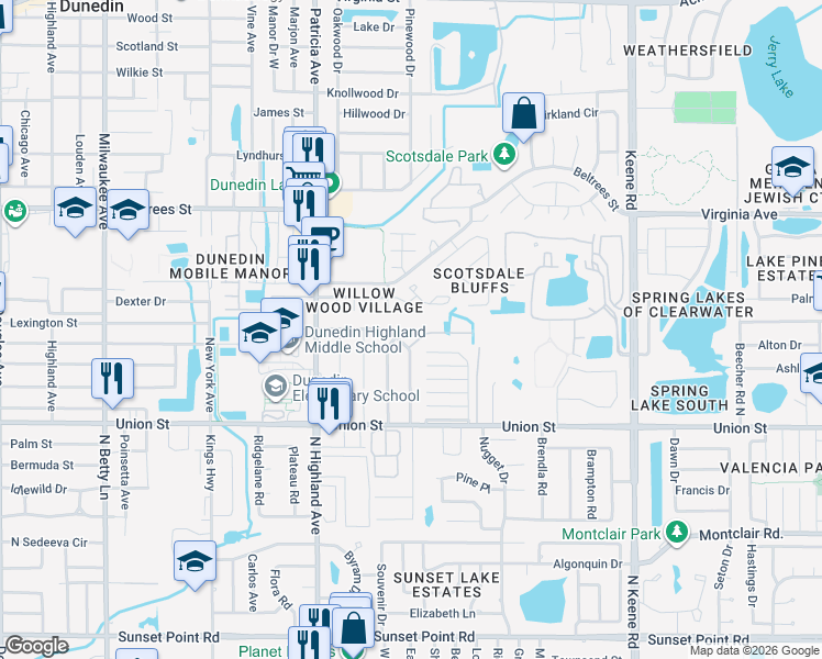 map of restaurants, bars, coffee shops, grocery stores, and more near 21 Concord Drive in Dunedin