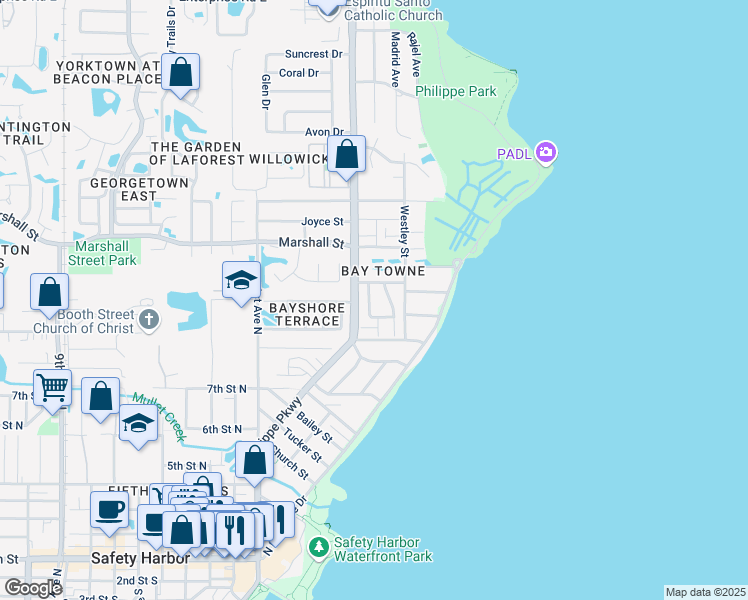 map of restaurants, bars, coffee shops, grocery stores, and more near 1142 Dover Court in Safety Harbor