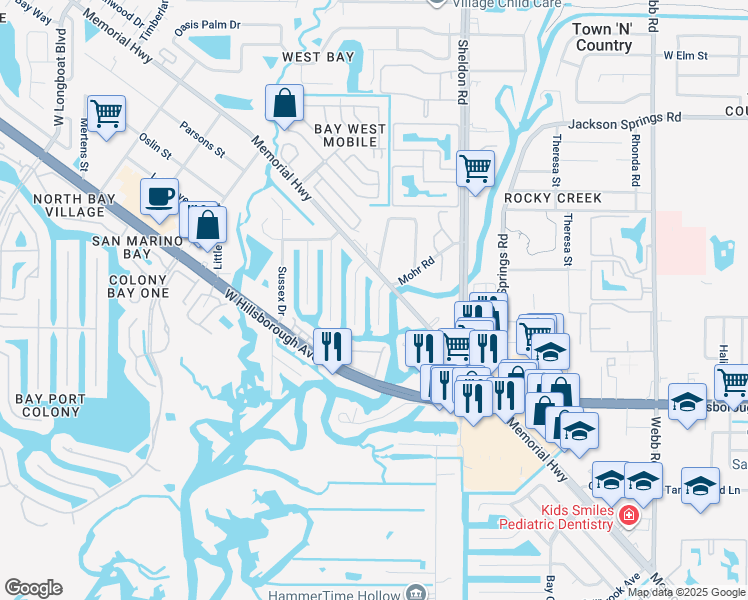 map of restaurants, bars, coffee shops, grocery stores, and more near 5812 Oxford Drive in Tampa