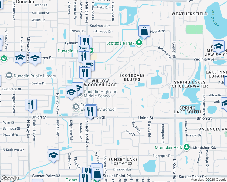 map of restaurants, bars, coffee shops, grocery stores, and more near 21 Concord Drive in Dunedin