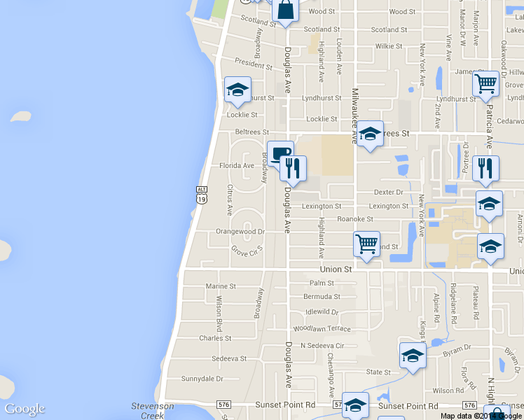 map of restaurants, bars, coffee shops, grocery stores, and more near 258 Grove Circle North in Dunedin