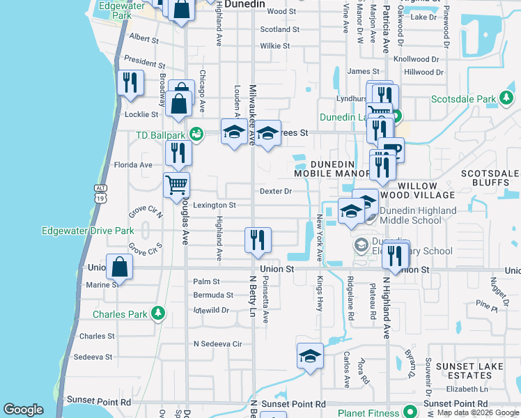 map of restaurants, bars, coffee shops, grocery stores, and more near 601 Lexington Street in Dunedin