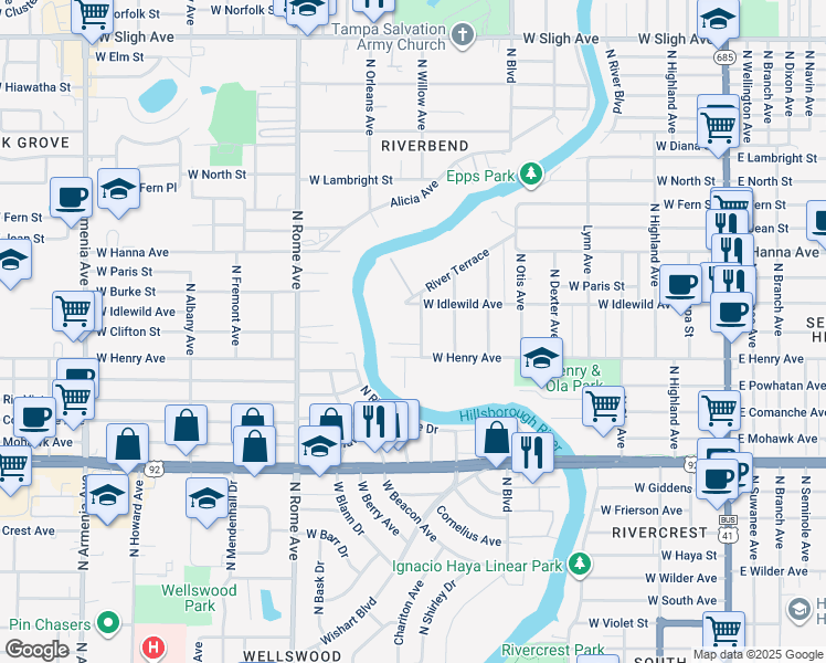 map of restaurants, bars, coffee shops, grocery stores, and more near 5910 Kenneth Avenue in Tampa