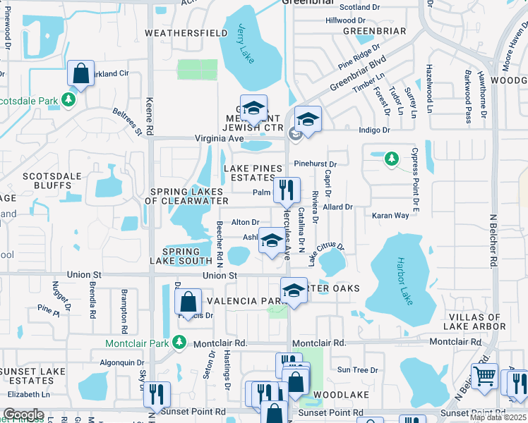 map of restaurants, bars, coffee shops, grocery stores, and more near 1979 Allard Drive in Clearwater