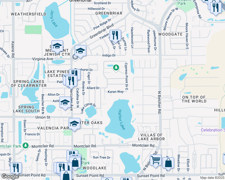 map of restaurants, bars, coffee shops, grocery stores, and more near 2140 Karan Way in Clearwater