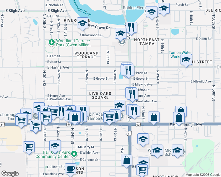 map of restaurants, bars, coffee shops, grocery stores, and more near 3716 East Clifton Street in Tampa
