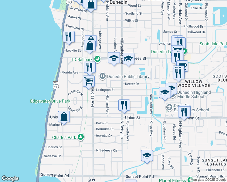 map of restaurants, bars, coffee shops, grocery stores, and more near 525 Lexington Street in Dunedin