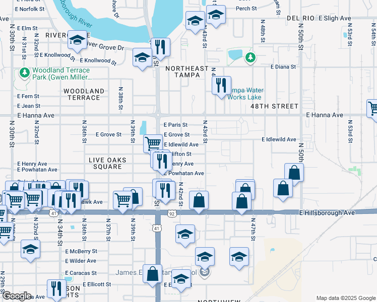map of restaurants, bars, coffee shops, grocery stores, and more near 4206 East Clifton Street in Tampa