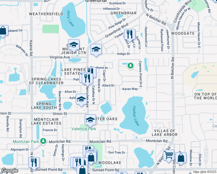 map of restaurants, bars, coffee shops, grocery stores, and more near 2165 Capri Drive in Clearwater
