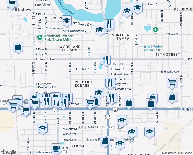 map of restaurants, bars, coffee shops, grocery stores, and more near 3902 E Clifton St in Tampa