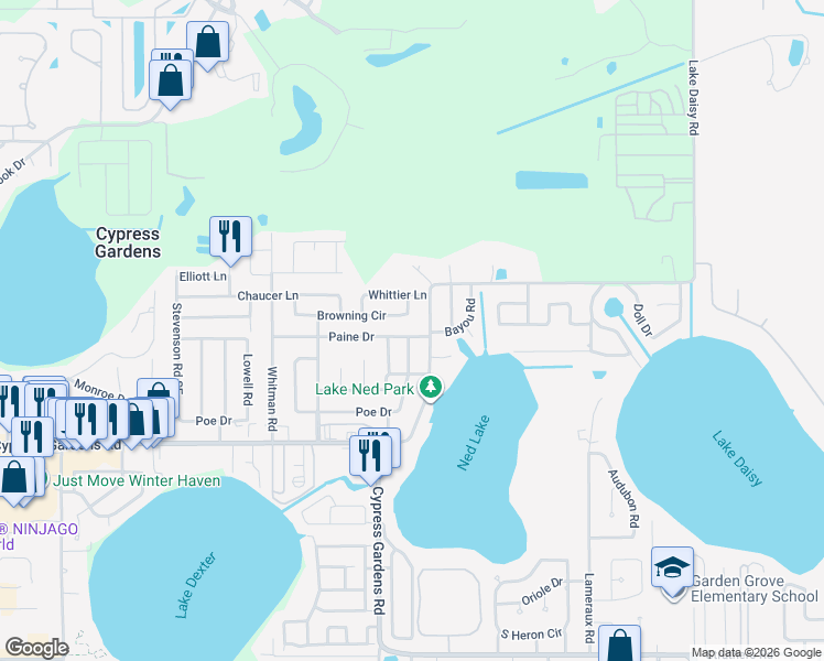 map of restaurants, bars, coffee shops, grocery stores, and more near 257 Paine Drive in Winter Haven