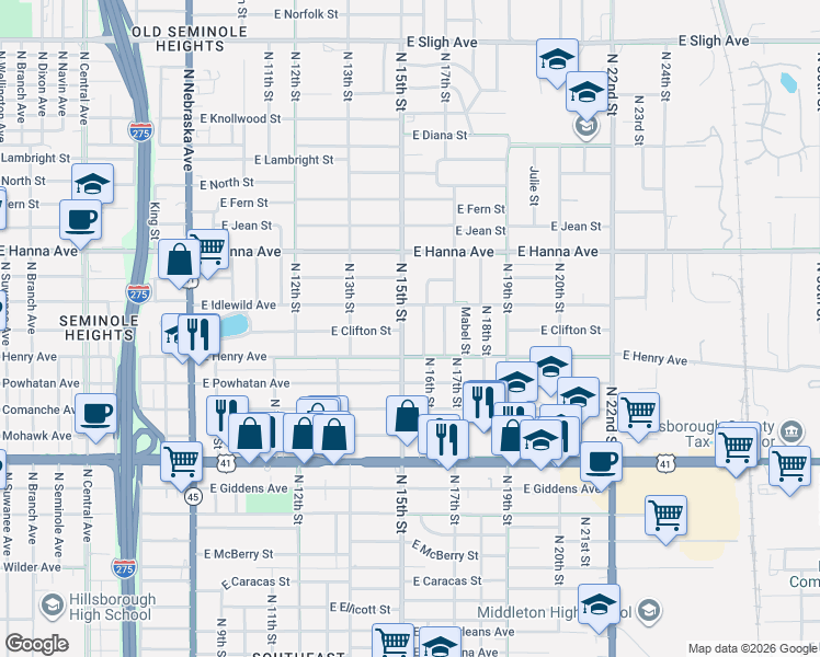 map of restaurants, bars, coffee shops, grocery stores, and more near 5813 North 15th Street in Tampa
