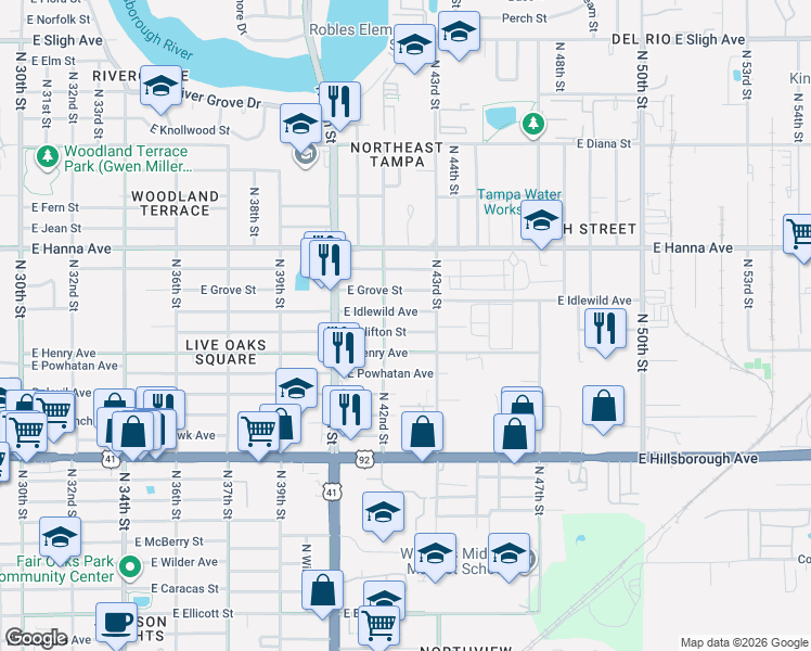 map of restaurants, bars, coffee shops, grocery stores, and more near 4206 East Clifton Street in Tampa