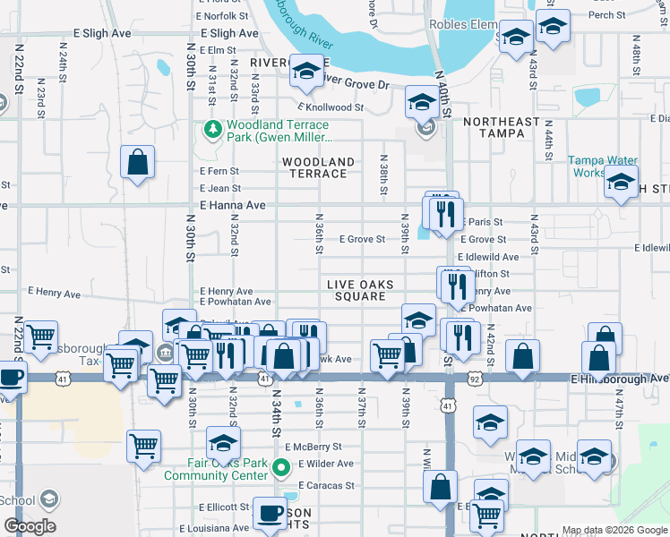 map of restaurants, bars, coffee shops, grocery stores, and more near in Tampa