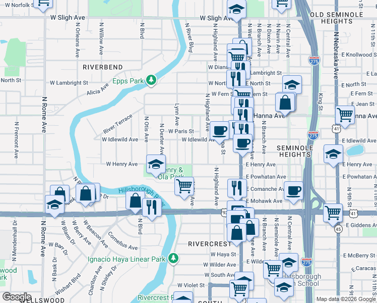 map of restaurants, bars, coffee shops, grocery stores, and more near 5908 North Ola Avenue in Tampa