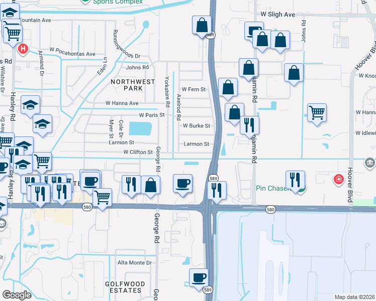 map of restaurants, bars, coffee shops, grocery stores, and more near 6027 West Clifton Street in Tampa