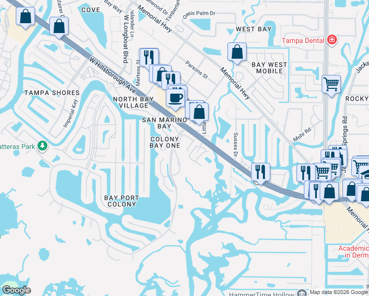 map of restaurants, bars, coffee shops, grocery stores, and more near 6033 Bayside Key Drive in Tampa