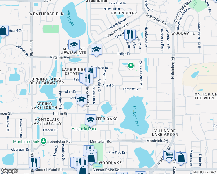 map of restaurants, bars, coffee shops, grocery stores, and more near 2165 Capri Drive in Clearwater