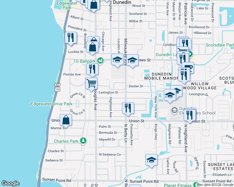 map of restaurants, bars, coffee shops, grocery stores, and more near 525 Lexington Street in Dunedin