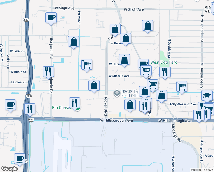 map of restaurants, bars, coffee shops, grocery stores, and more near 5665 Hoover Boulevard in Tampa