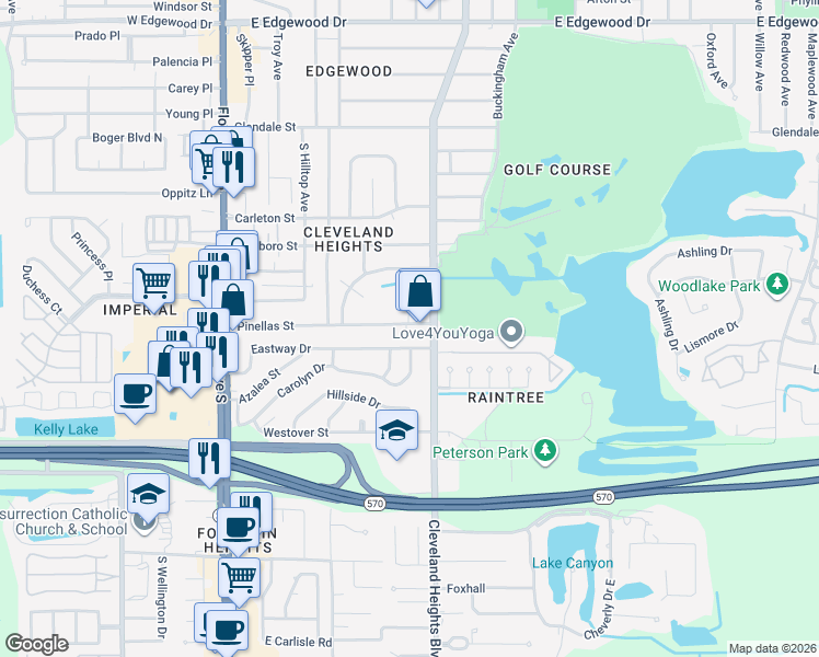 map of restaurants, bars, coffee shops, grocery stores, and more near 625 Robin Rd in Lakeland