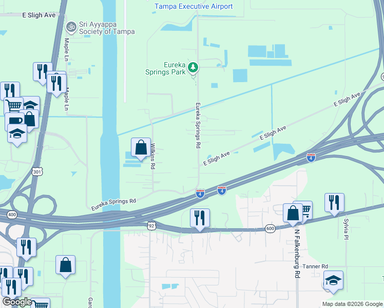 map of restaurants, bars, coffee shops, grocery stores, and more near 5520 Eureka Springs Road in Tampa