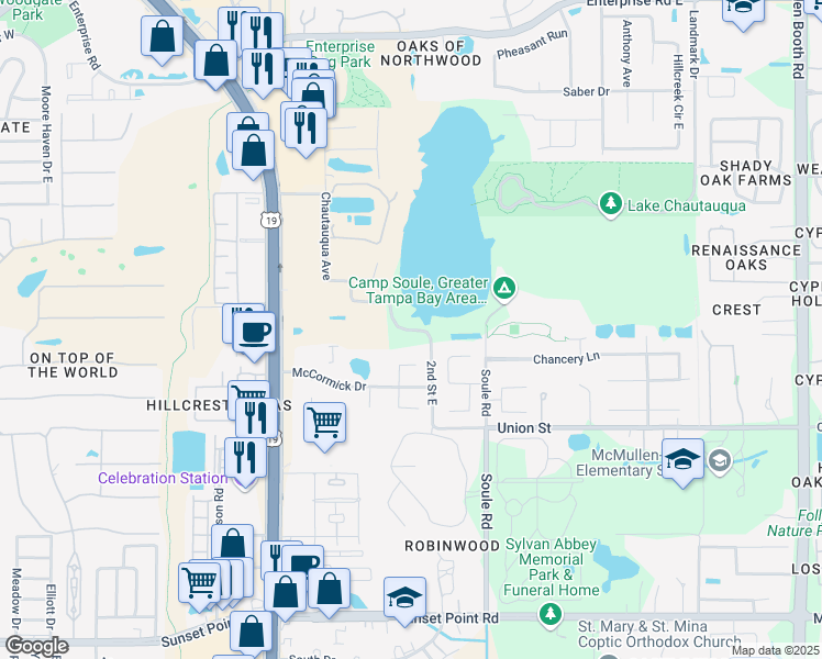 map of restaurants, bars, coffee shops, grocery stores, and more near 2330 Lakeshore Drive in Clearwater