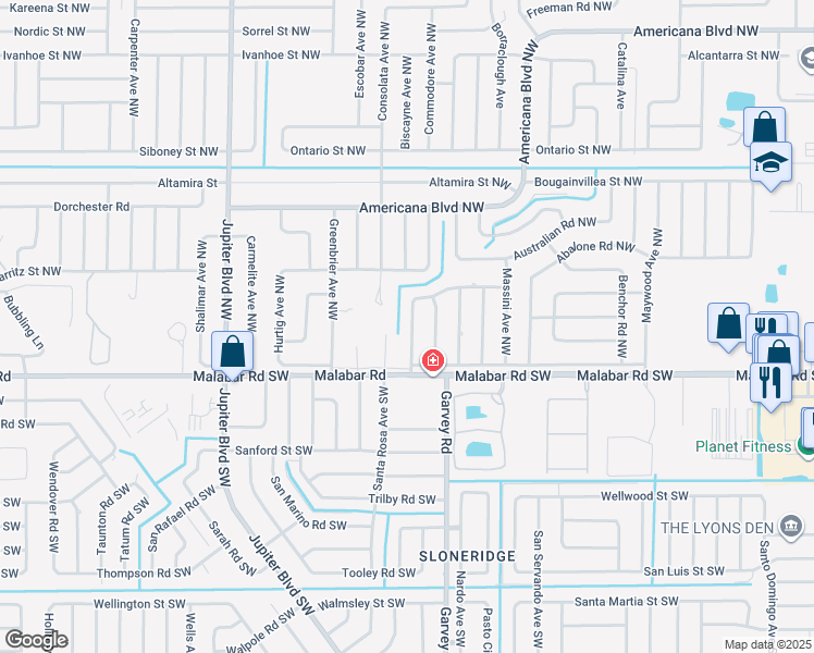 map of restaurants, bars, coffee shops, grocery stores, and more near 655 Belvedere Road Northwest in Palm Bay