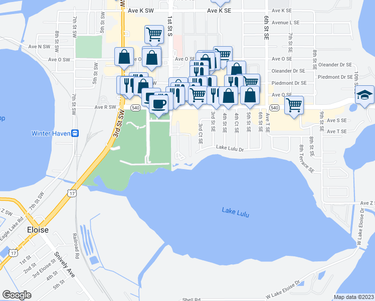 map of restaurants, bars, coffee shops, grocery stores, and more near 2085 Isle Royal Court Southeast in Winter Haven