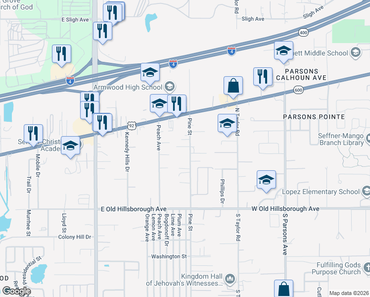 map of restaurants, bars, coffee shops, grocery stores, and more near 12002 Duplex Drive in Seffner