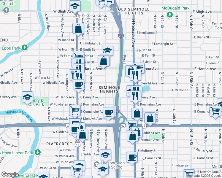 map of restaurants, bars, coffee shops, grocery stores, and more near 5902 North Cherokee Avenue in Tampa