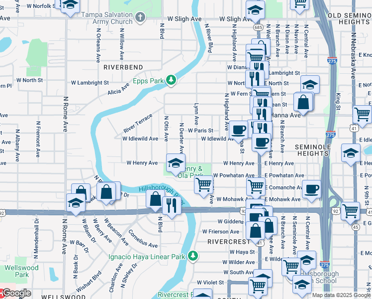 map of restaurants, bars, coffee shops, grocery stores, and more near 5911 North Dexter Avenue in Tampa