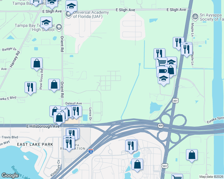 map of restaurants, bars, coffee shops, grocery stores, and more near 5851 Mayglass Drive in Tampa