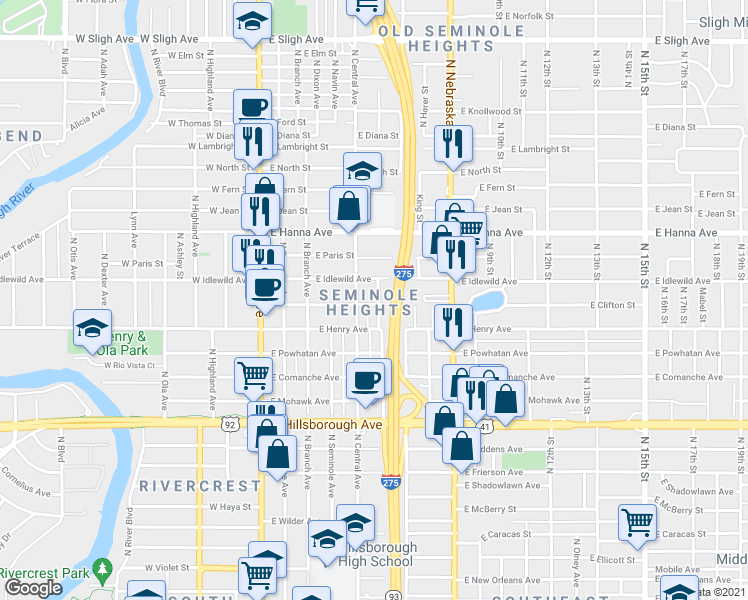 map of restaurants, bars, coffee shops, grocery stores, and more near in Tampa