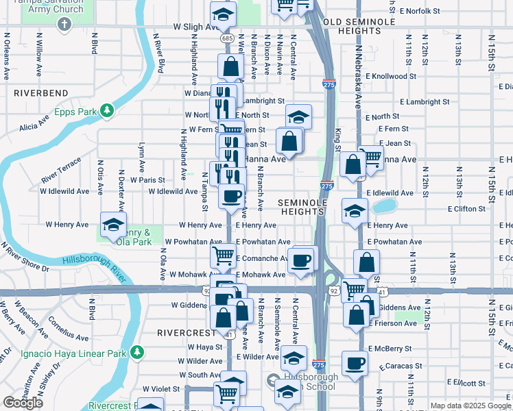 map of restaurants, bars, coffee shops, grocery stores, and more near 203 East Clifton Street in Tampa